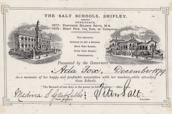 E1a-021a: Salt Schools certificate' for Ada Fox on leaving the school in 1879 signed by Medina Griffiths and Titus Salt Junior