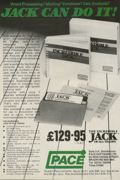 PACE advert for the Incredible Jack in Windfall magazine 1984
