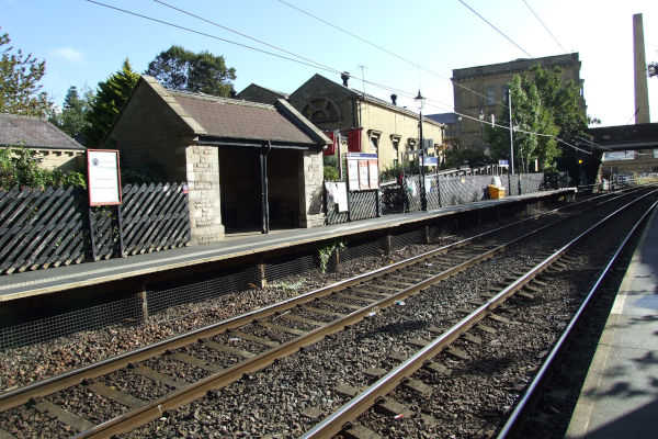 Saltaire Railway Station looking towards Salts Mill, 2022