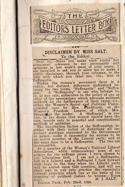 2018.9.3.3.1: Isabel Salt letter to the editor clarifying she is a suffragist not a suffragette