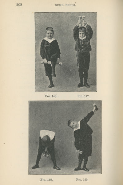 2025.59: Kindergarten Games page 308. Two photographs of 2 boys exercising with dumbbells